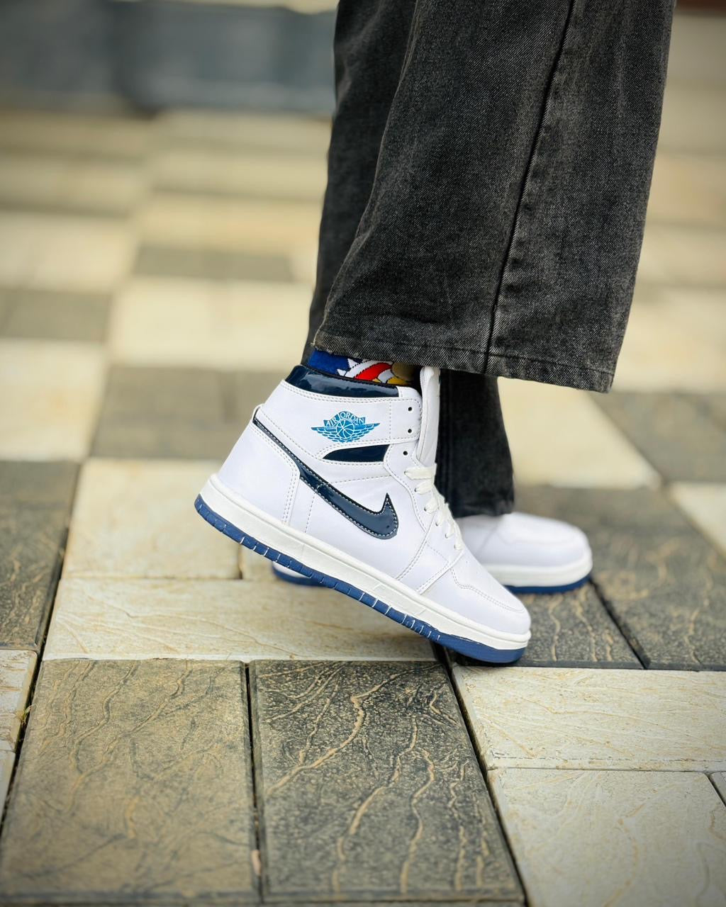 High-Top White & Navy Street Sneakers – Premium Build | Bold Style