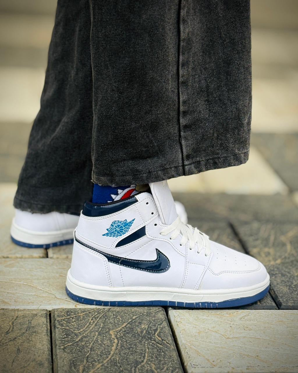 High-Top White & Navy Street Sneakers – Premium Build | Bold Style